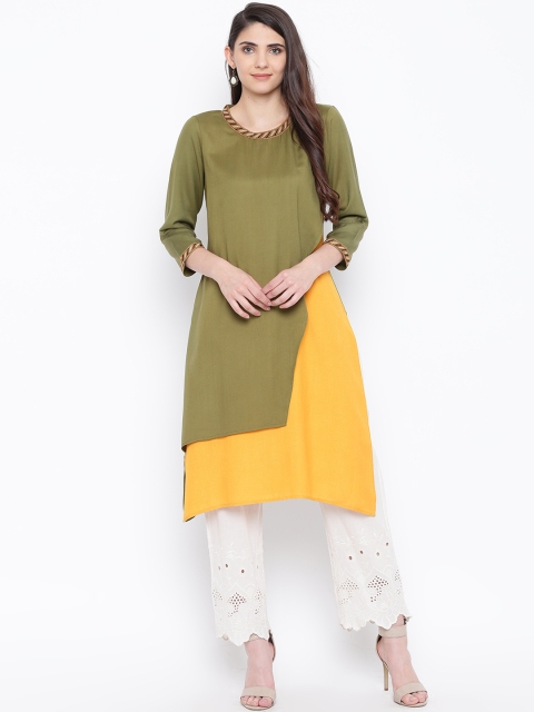 

DODO & MOA Women Olive Green & Yellow Colourblocked Straight Kurta