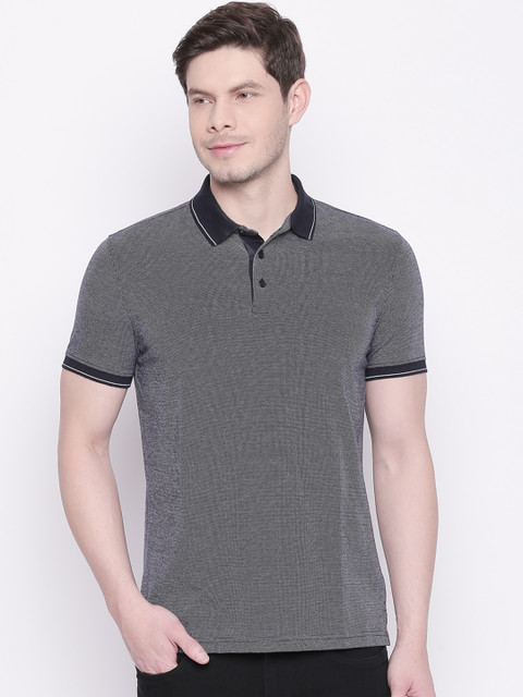 

BYFORD by Pantaloons Men Navy Blue & Grey Self Design Polo Collar T-shirt