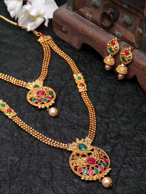 

Shining Diva Gold-Plated Red & Green Stone Studded Pearl Embellished Layered Jewellery Set