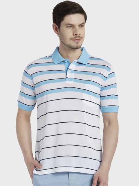 

ColorPlus Men White & Blue Striped Polo Collar T-shirt