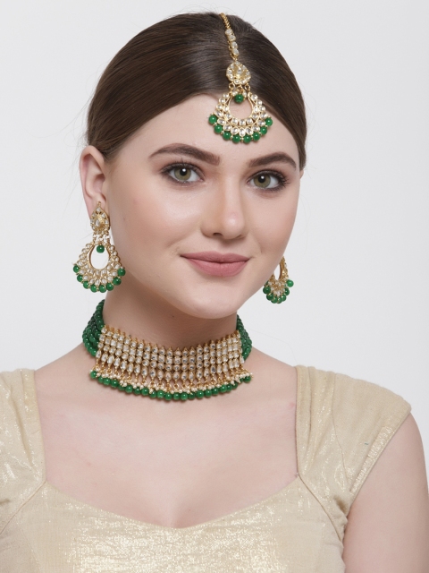 

Shining Diva Gold-Plated Green & White Kundan Jewellery Set