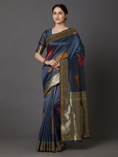 

Mitera Navy Blue & Red Silk Blend Woven Design Banarasi Saree