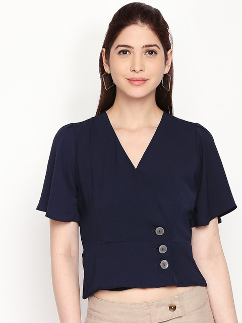

Forever Glam by Pantaloons Women Navy Blue Solid Wrap Top