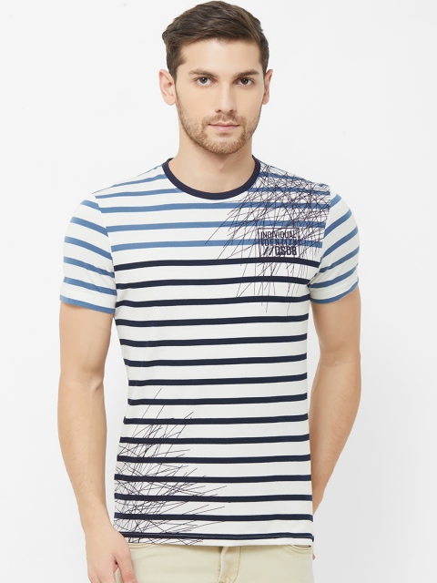 

NEXGEN CLUB Men Off-White & Blue Striped Round Neck T-shirt