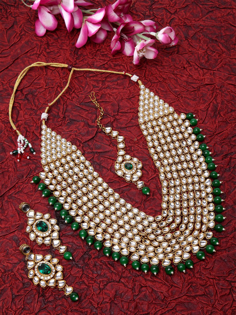 

Shining Diva Gold-Plated White & Green Kundan Studded & Beaded Jewellery Set
