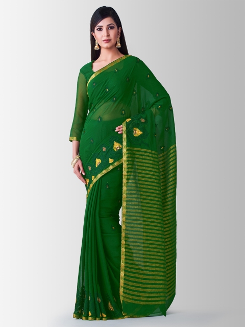 

Mitera Green & Gold-Coloured Poly Chiffon Embroidered Banarasi Saree