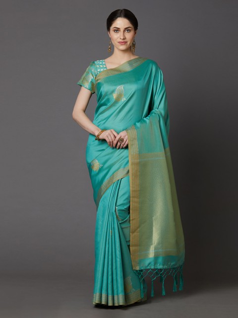 

Mitera Sea Green & Gold-Toned Silk Blend Woven Design Banarasi Saree