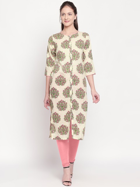 

ZRI Women Beige & Green Printed Straight Kurta
