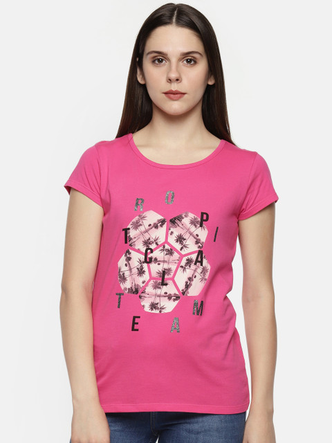 

Ajile by Pantaloons Women Pink Black Printed Round Neck Pure Cotton T-shirt