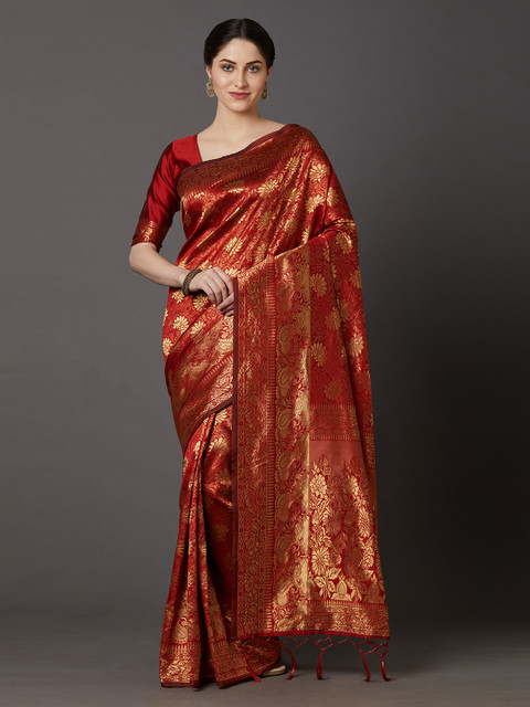 

Mitera Red & Gold-Toned Silk Blend Woven Design Banarasi Saree