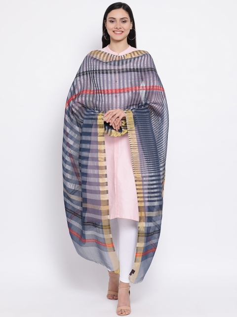 

SHINGORA Blue & Silver-Toned Striped Antimicrobial Sustainable Dupatta
