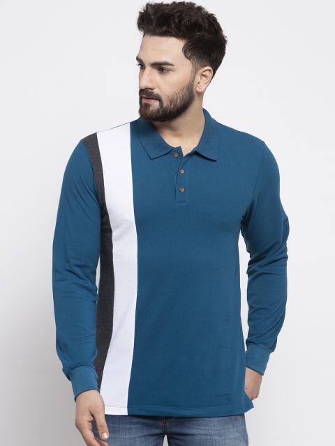 

Kalt Men Teal Blue Colourblocked Polo Collar T-shirt