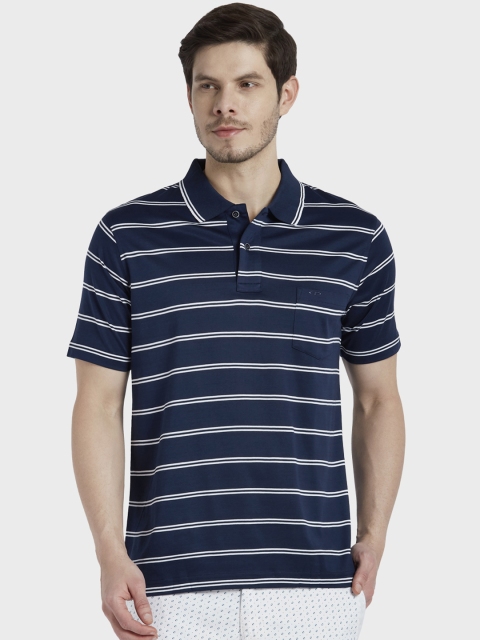 

ColorPlus Men Navy Blue & White Striped Polo Collar T-shirt
