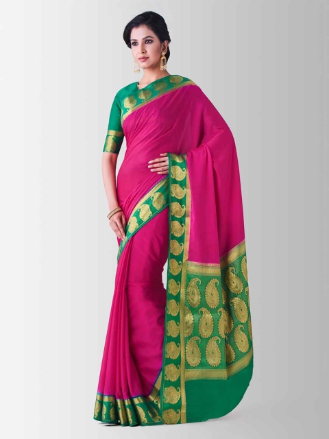 

Mitera Pink & Green Poly Crepe Solid Kanjeevaram Saree