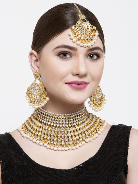 

Shining Diva Gold-Plated & White Kundan Studded Pearl Embellished Antique Choker Jewellery Set