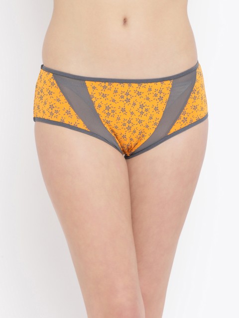 

Clovia Women Orange & Grey Printed Mid-Rise Hipster Briefs With Mesh Panels PN2670S16