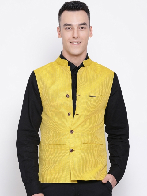 

DEVOILER Men Yellow Solid Woven Nehru Jacket