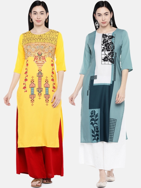 

7Threads Women Pack of 2 Printed Straight Kurtas, Yellow