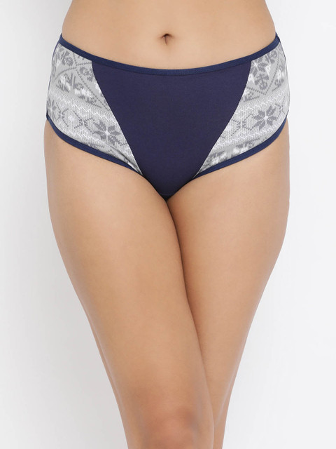 

Clovia Women Navy Blue & Grey Solid Mid-Rise Hipster Briefs With Grey Printed Panels PN3428P05