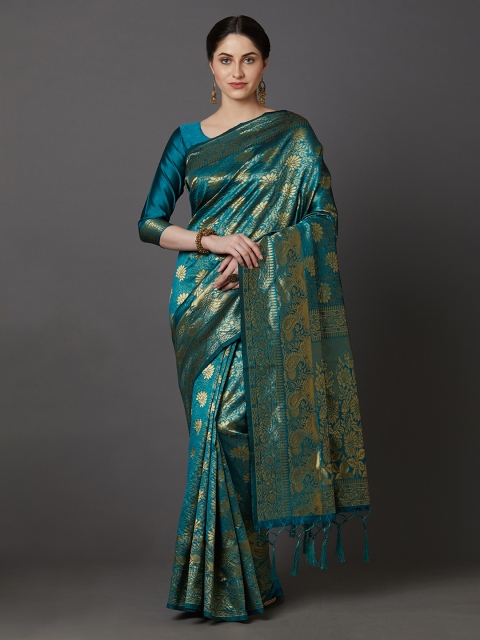

Mitera Teal Blue & Gold-Toned Silk Blend Woven Design Banarasi Saree