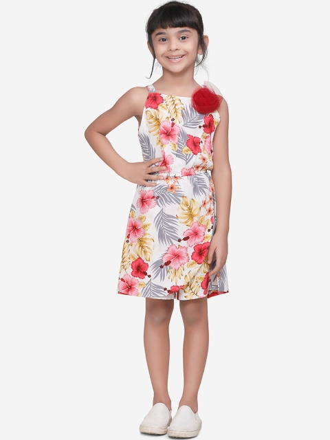 

LilPicks Girls Off-White & Pink Printed Layered Playsuit