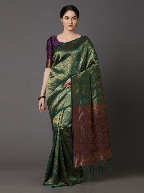 

Mitera Green & Golden Silk Blend Woven Design Banarasi Saree