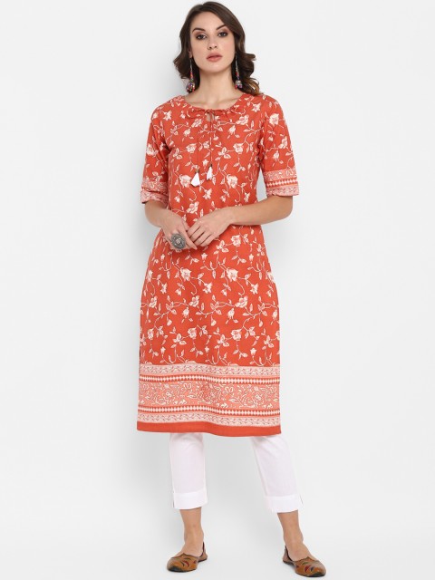 

Janasya Women Rust Orange Printed Kurta with Trousers