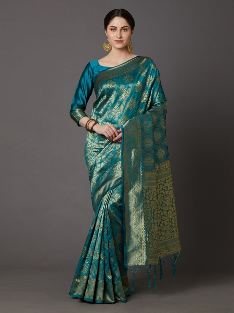 

Mitera Teal & Blue Silk Blend Woven Design Banarasi Saree
