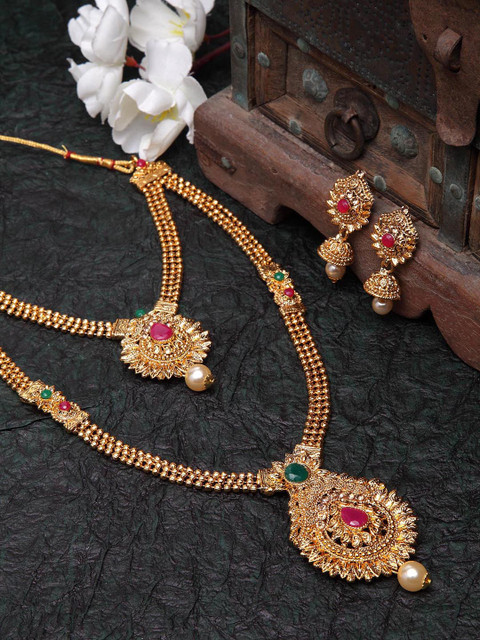 

Shining Diva Gold-Plated & Red Stone Studded Pearl Embellished Layered Jewellery Set