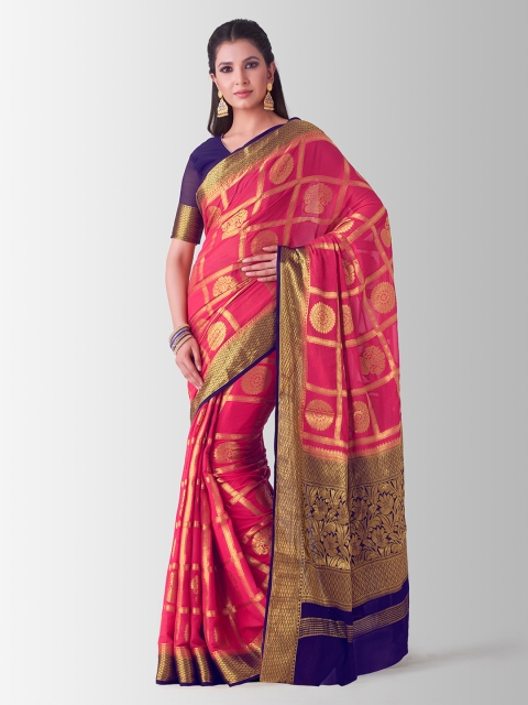 

Mitera Pink & Blue Poly Chiffon Woven Design Patola Saree
