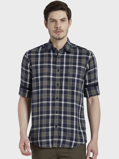 

ColorPlus Men Navy Blue & Beige Tailored Fit Checked Casual Shirt