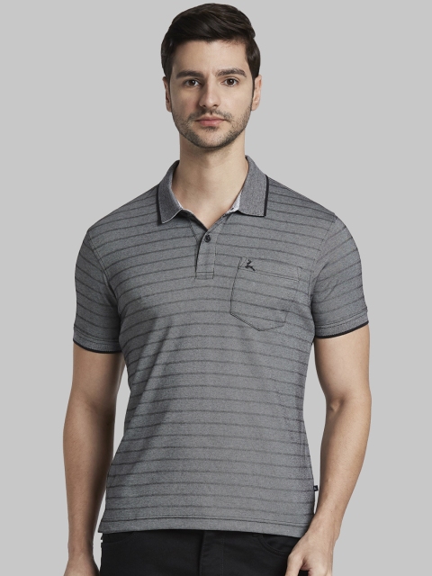 

Parx Men Grey & Black Striped Polo Collar T-shirt
