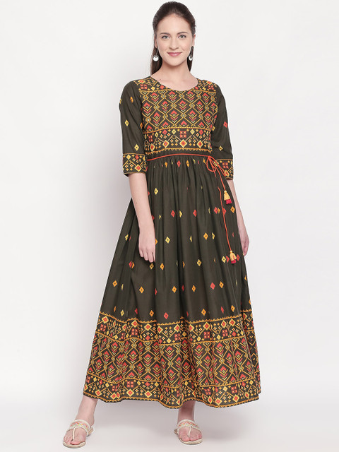 

ZRI Women Olive Brown & Mustard Yellow Printed Anarkali Kurta