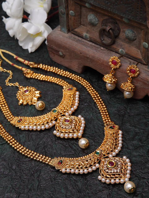 

Shining Diva Gold-Plated Off-White & Red Stone Studded Pearl Embellished Antique Jewellery Set
