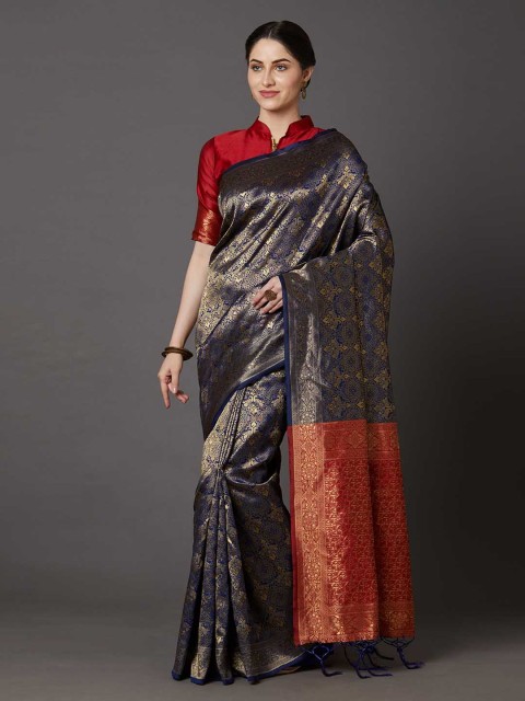 

Mitera Navy Blue & Gold-Toned Silk Blend Woven Design Banarasi Saree