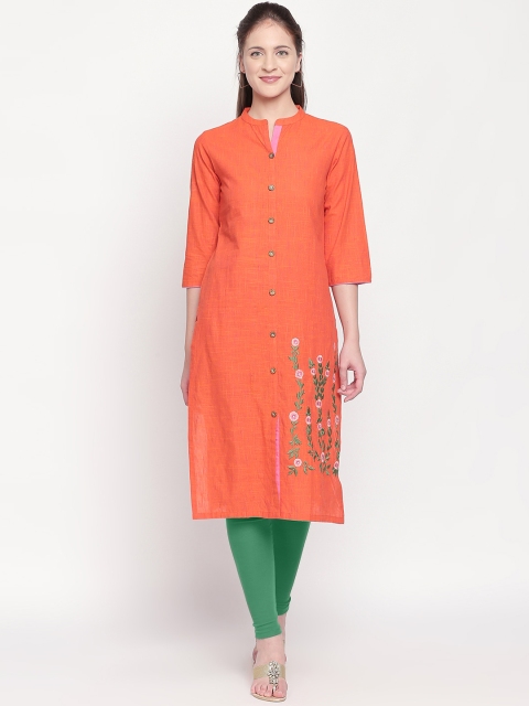 ZRI Women Orange Linen Solid Straight Kurta