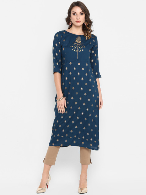 

Janasya Women Teal Blue Printed Kurta with Trousers