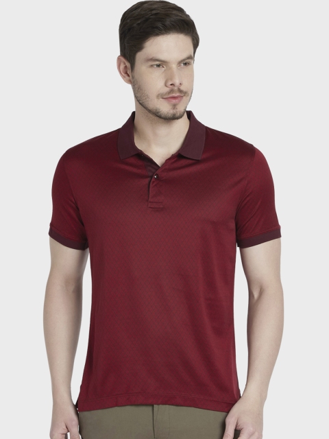 

ColorPlus Men Maroon Self Design Polo Collar T-shirt