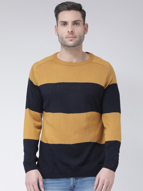 

Club York Men Mustard Yellow & Navy Blue Colourblocked Pullover Sweater