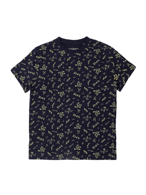 

Pantaloons Junior Boys Navy Blue & Yellow Printed Round Neck Pure Cotton T-shirt