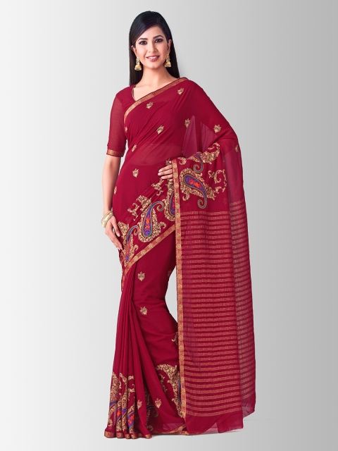 

Mitera Maroon Poly Chiffon Embroidered Banarasi Saree