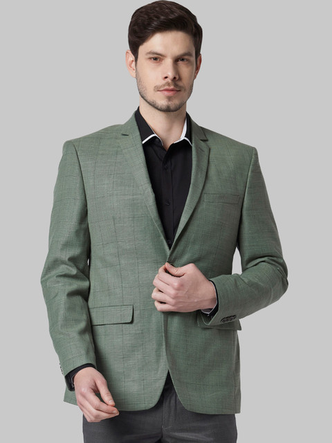 

Park Avenue Men Green Checked Super Slim-Fit Single-Breasted Formal Blazer
