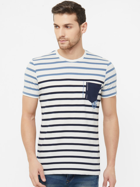 

NEXGEN CLUB Men White & Blue Striped Round Neck T-shirt