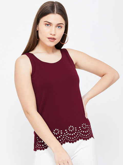 

CODE by Lifestyle Women Burgundy Solid Top with Schiffli Detail