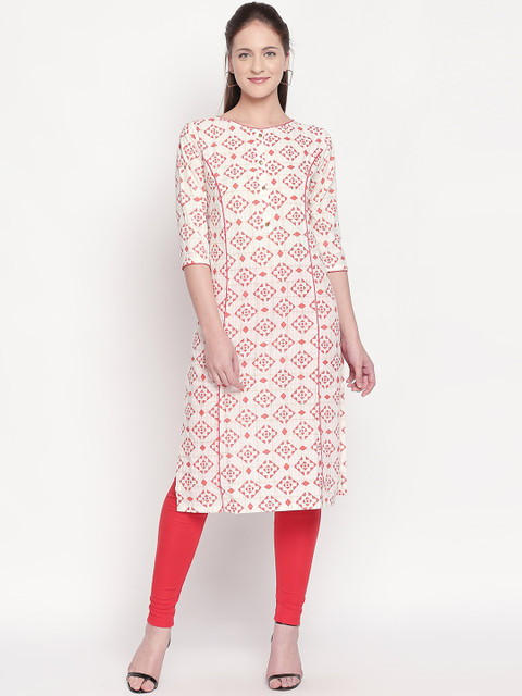 

ZRI Women Off-White & Coral Red Printed Straight Kurta