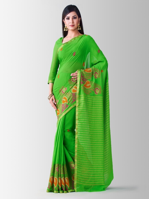 

Mitera Green & Orange Poly Chiffon Embroidered Banarasi Saree