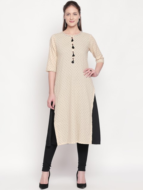 

ZRI Women Beige & Black Woven Design Layered A-Line Kurta