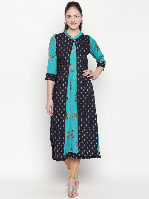 

ZRI Women Blue & Golden Printed Layered A-Line Kurta with Ethnic Jacket
