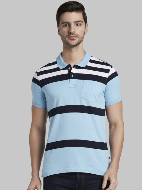 

Parx Men Blue Striped Polo Collar T-shirt