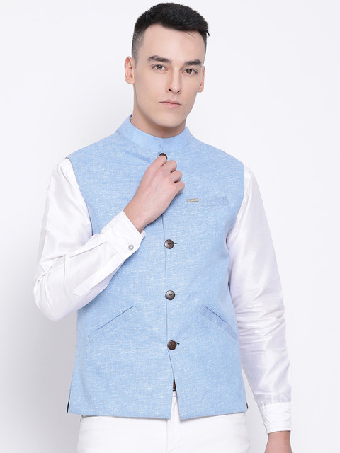 

DEVOILER Men Blue Solid Woven Pure Cotton Nehru Jacket